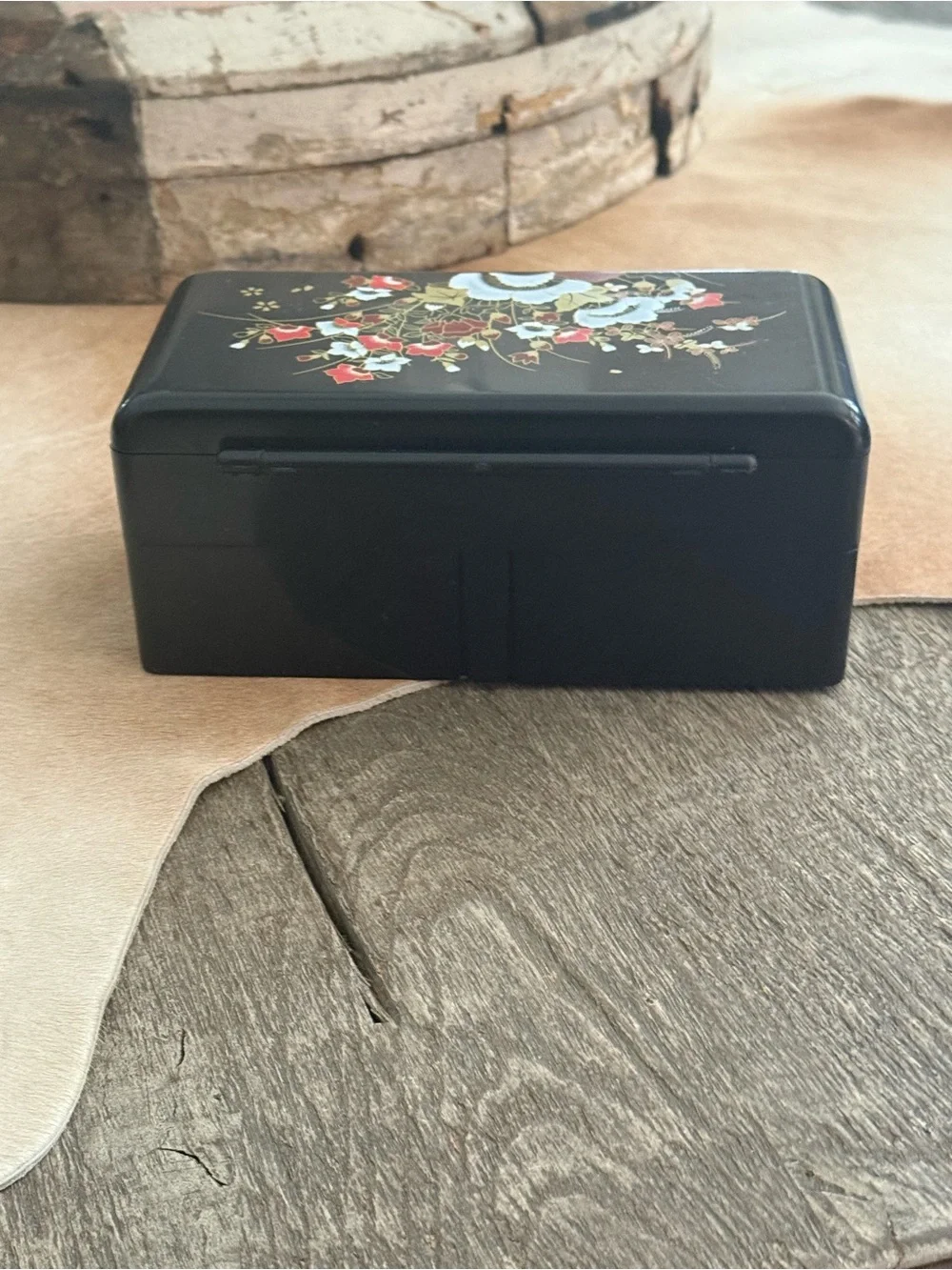 Vintage Asian Black Floral Lacquered Jewelry Box
